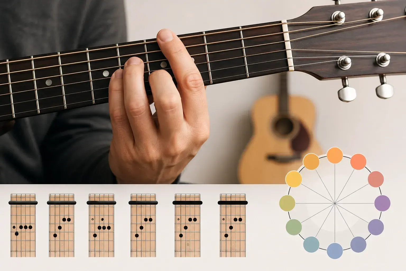 Guitarist forming an F major barre chord on an acoustic guitar