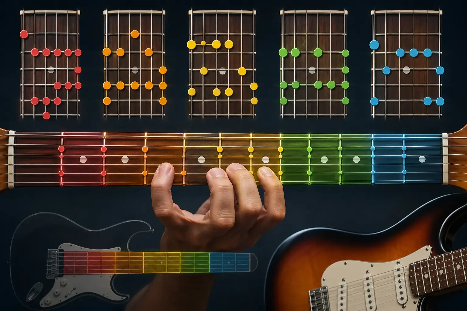 The five CAGED chord shapes mapped across the guitar fretboard