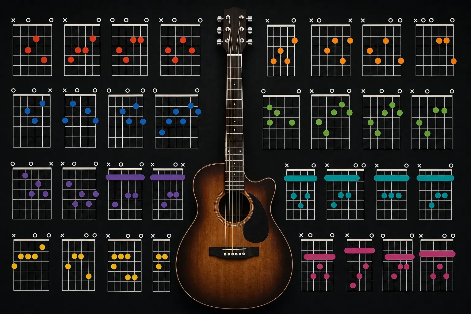 Guitar chord chart showing multiple chord shapes across the fretboard