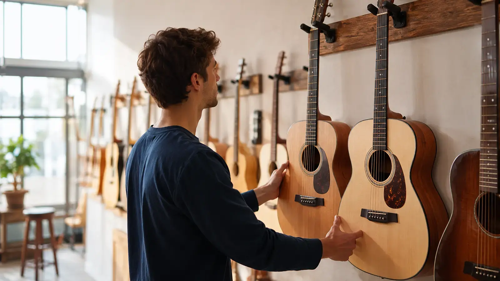 Beginner comparing acoustic guitars in a guitar store to choose the right one