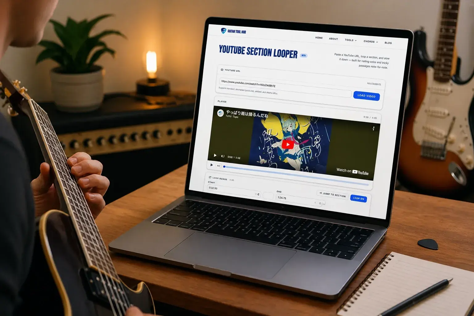 YouTube Looper interface for guitar practice with A-B loop and speed controls