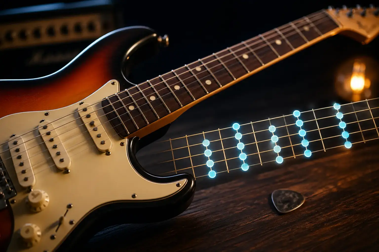 Guitar fretboard showing pentatonic scale positions across the neck