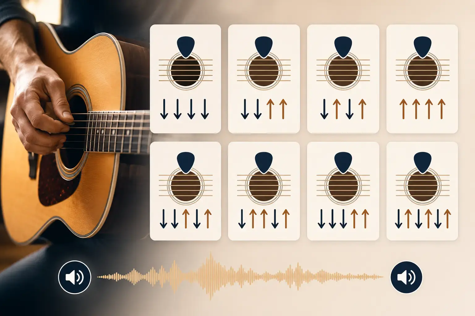 Guitar strumming patterns with down and up stroke notation
